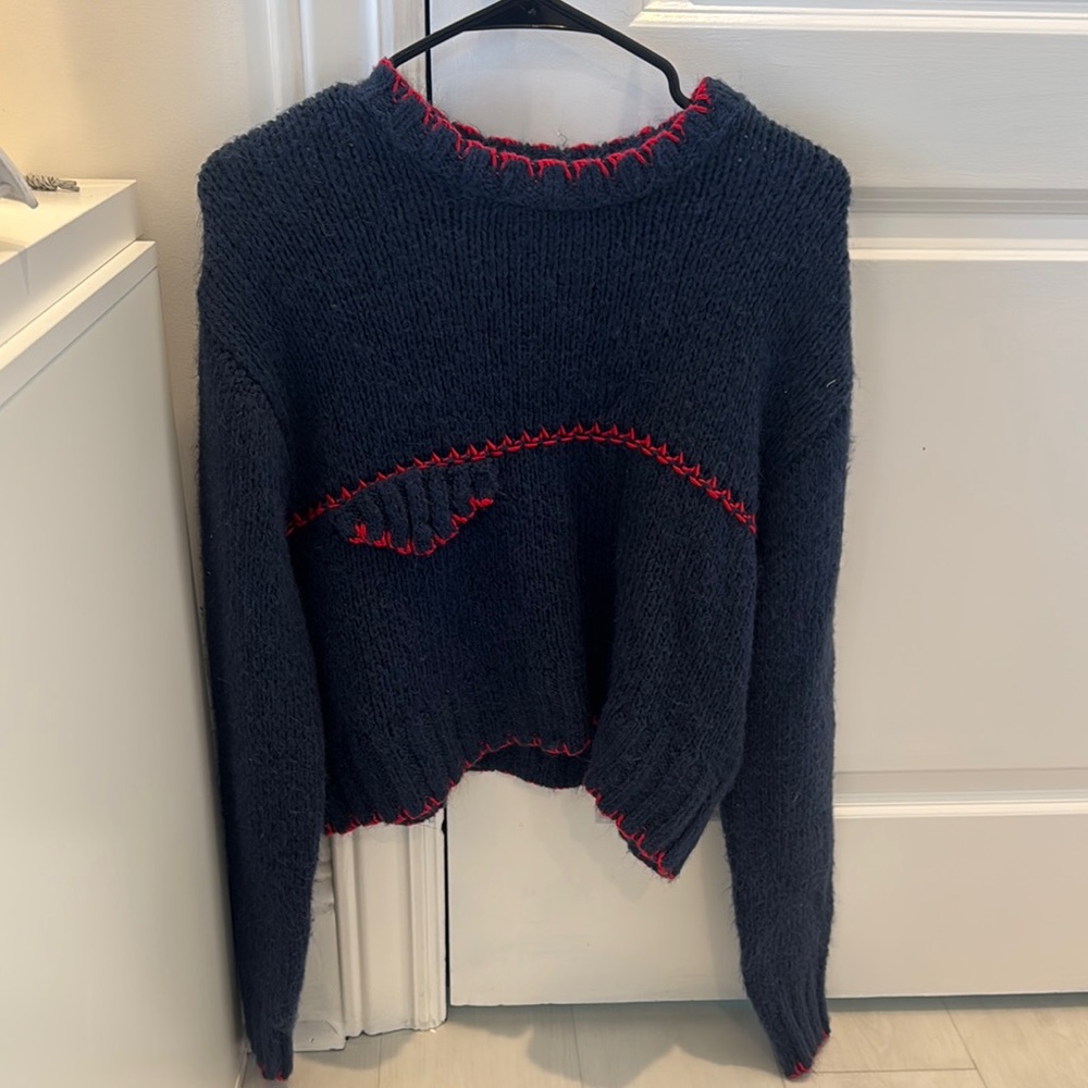 Zara Navy Blue Sweater with Red Accents